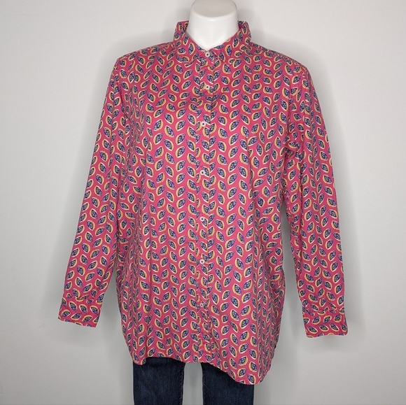 Rock Flower Paper Pink Blue Yellow Long Sleeve Cotton Button Up L - Picture 1 of 7